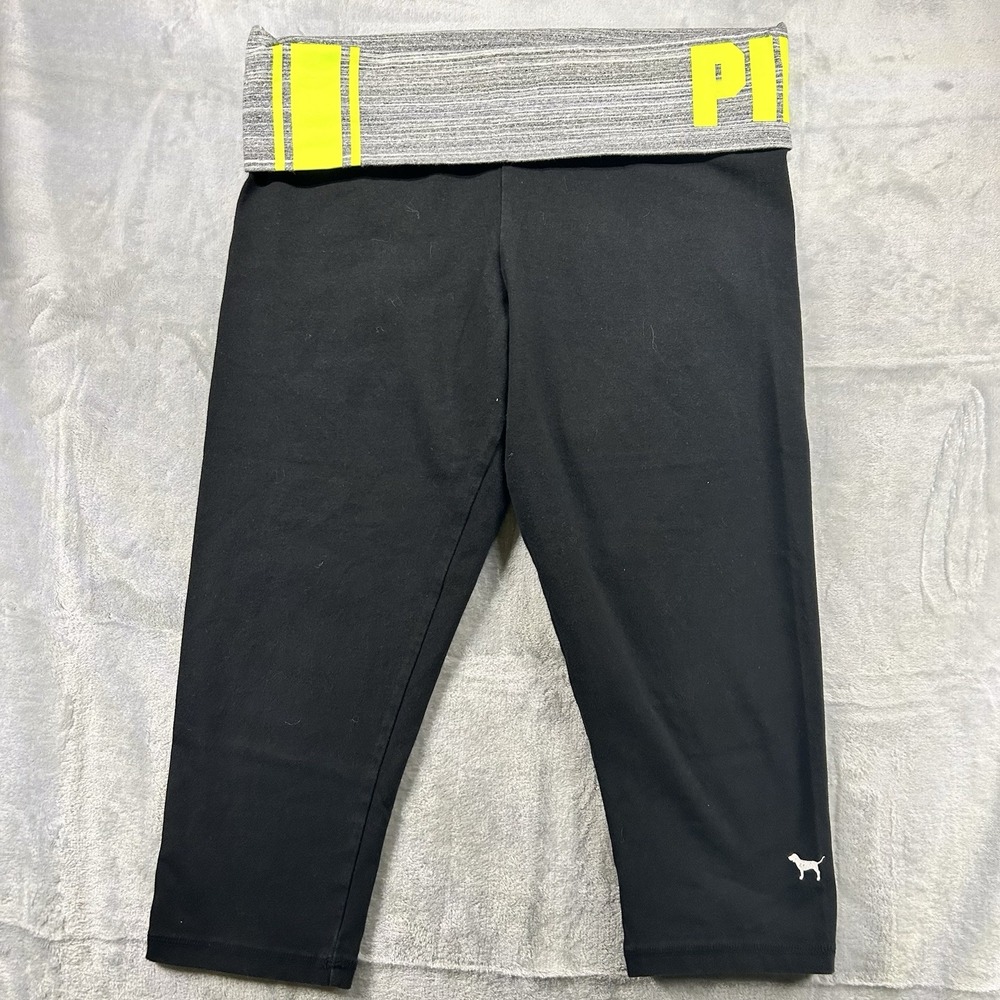 PINK Victoria's Secret Size L Fold Over Waist Capris Leggings Neon Y2K Dog Logo‎
